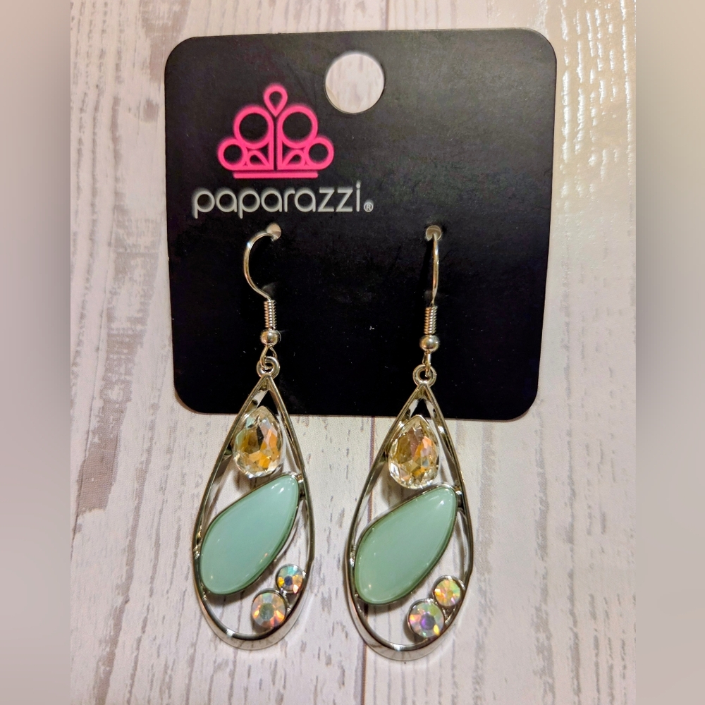 Paparazzi Silver Earrings with Mint and Iridescent Accents